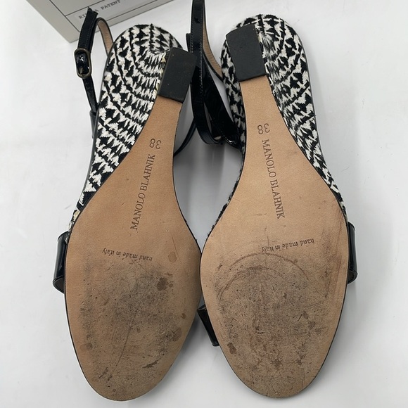 Manolo Blahnik Gorgeous Ribera Black Patent Leather Woven Wedge Anklet Sandles - Picture 7 of 12